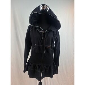 Rani Black Peplum Full Zip Hoodie Gothic Silver Graphic Hood Contrast Stitch S
